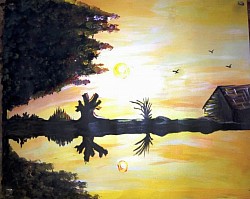 Oil on cardboard. Title: Sundown